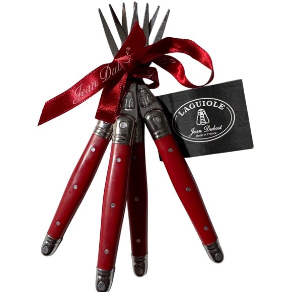 Laguiole Jean Dubost Bee Logo Red Cocktail Fork Set 4-Piece Stainless Steel Gift - Picture 8 of 11